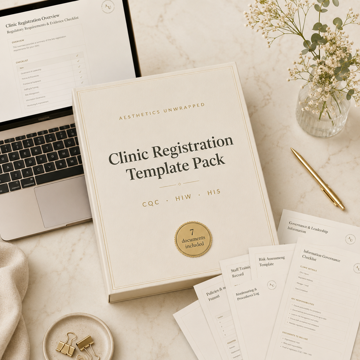 Aesthetics Unwrapped Clinic Registration Template Pack, editable CQC, HIW and HIS registration documents for aesthetic clinics