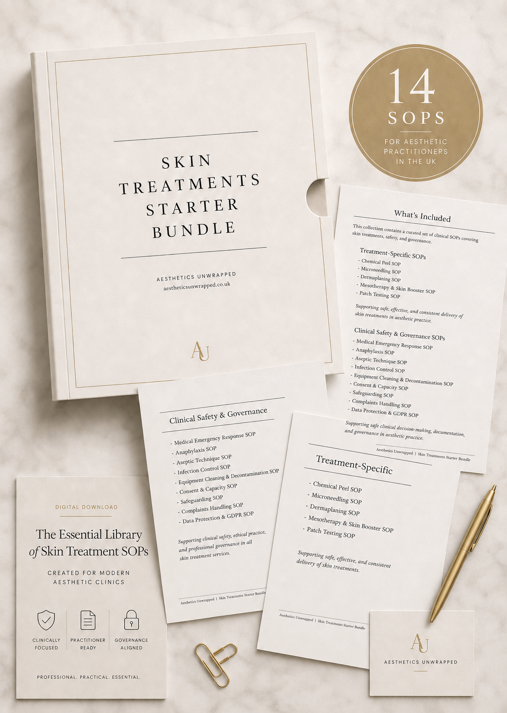 Aesthetics Unwrapped Skin Treatments Starter Bundle, 14 SOPs for peels, microneedling, dermaplaning and skin boosters