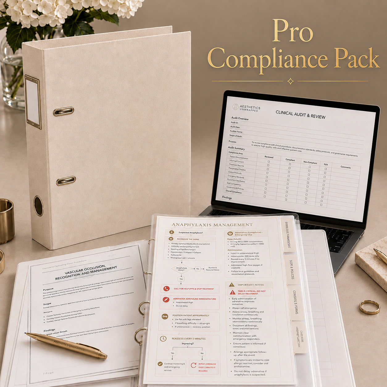 Aesthetics Unwrapped Pro Compliance Pack, 32 clinical SOPs plus CQC, HIW and HIS registration templates for UK aesthetic clinics