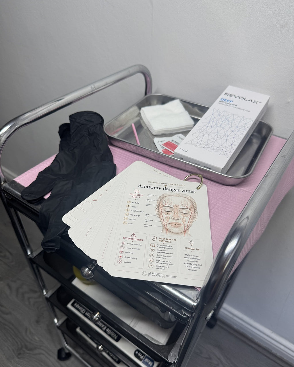 Aesthetics Unwrapped Practitioner Quick Reference Ring Pack, shown on a trolley
